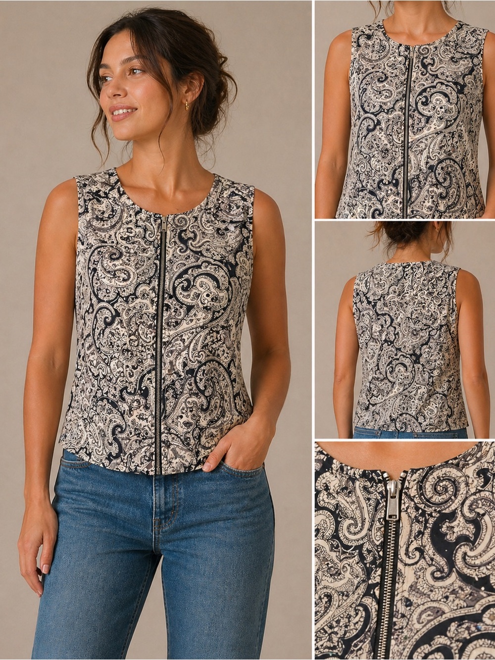 Unbranded Paisley Print Zip Front Rhinestone Blouse Black Cream Size Medium